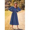 imagePRETTYGARDEN Womens 2025 Spring Fall Midi Dress Casual Long Sleeve V Neck Swiss Dot Pleated A Line Flowy DressesGrey Blue