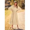imagePRETTYGARDEN Womens 2025 Spring Fall Midi Dress Casual Long Sleeve V Neck Swiss Dot Pleated A Line Flowy DressesKhaki
