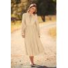 imagePRETTYGARDEN Womens 2025 Spring Fall Midi Dress Casual Long Sleeve V Neck Swiss Dot Pleated A Line Flowy DressesKhaki
