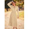 imagePRETTYGARDEN Womens 2025 Spring Fall Midi Dress Casual Long Sleeve V Neck Swiss Dot Pleated A Line Flowy DressesKhaki