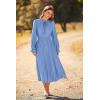 imagePRETTYGARDEN Womens 2025 Spring Fall Midi Dress Casual Long Sleeve V Neck Swiss Dot Pleated A Line Flowy DressesLight Blue