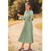imagePRETTYGARDEN Womens 2025 Spring Fall Midi Dress Casual Long Sleeve V Neck Swiss Dot Pleated A Line Flowy DressesLight Green