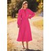 imagePRETTYGARDEN Womens 2025 Spring Fall Midi Dress Casual Long Sleeve V Neck Swiss Dot Pleated A Line Flowy DressesRose Pink