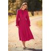 imagePRETTYGARDEN Womens 2025 Spring Fall Midi Dress Casual Long Sleeve V Neck Swiss Dot Pleated A Line Flowy DressesRose Red