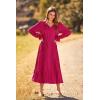 imagePRETTYGARDEN Womens 2025 Spring Fall Midi Dress Casual Long Sleeve V Neck Swiss Dot Pleated A Line Flowy DressesRose Red