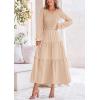 imagePRETTYGARDEN Womens Casual Smocked Midi Dress 2025 Spring Long Sleeve V Neck Tiered A Line Long Flowy DressApricot