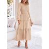 imagePRETTYGARDEN Womens Casual Smocked Midi Dress 2025 Spring Long Sleeve V Neck Tiered A Line Long Flowy DressApricot