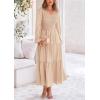 imagePRETTYGARDEN Womens Casual Smocked Midi Dress 2025 Spring Long Sleeve V Neck Tiered A Line Long Flowy DressApricot