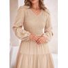 imagePRETTYGARDEN Womens Casual Smocked Midi Dress 2025 Spring Long Sleeve V Neck Tiered A Line Long Flowy DressApricot