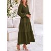 imagePRETTYGARDEN Womens Casual Smocked Midi Dress 2025 Spring Long Sleeve V Neck Tiered A Line Long Flowy DressArmy Green
