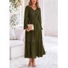 imagePRETTYGARDEN Womens Casual Smocked Midi Dress 2025 Spring Long Sleeve V Neck Tiered A Line Long Flowy DressArmy Green