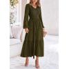 imagePRETTYGARDEN Womens Casual Smocked Midi Dress 2025 Spring Long Sleeve V Neck Tiered A Line Long Flowy DressArmy Green