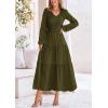imagePRETTYGARDEN Womens Casual Smocked Midi Dress 2025 Spring Long Sleeve V Neck Tiered A Line Long Flowy DressArmy Green