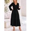 imagePRETTYGARDEN Womens Casual Smocked Midi Dress 2025 Spring Long Sleeve V Neck Tiered A Line Long Flowy DressBlack