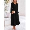 imagePRETTYGARDEN Womens Casual Smocked Midi Dress 2025 Spring Long Sleeve V Neck Tiered A Line Long Flowy DressBlack
