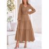 imagePRETTYGARDEN Womens Casual Smocked Midi Dress 2025 Spring Long Sleeve V Neck Tiered A Line Long Flowy DressKhaki