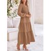 imagePRETTYGARDEN Womens Casual Smocked Midi Dress 2025 Spring Long Sleeve V Neck Tiered A Line Long Flowy DressKhaki