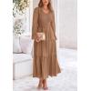 imagePRETTYGARDEN Womens Casual Smocked Midi Dress 2025 Spring Long Sleeve V Neck Tiered A Line Long Flowy DressKhaki