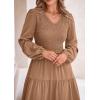 imagePRETTYGARDEN Womens Casual Smocked Midi Dress 2025 Spring Long Sleeve V Neck Tiered A Line Long Flowy DressKhaki