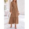 imagePRETTYGARDEN Womens Casual Smocked Midi Dress 2025 Spring Long Sleeve V Neck Tiered A Line Long Flowy DressKhaki