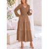 imagePRETTYGARDEN Womens Casual Smocked Midi Dress 2025 Spring Long Sleeve V Neck Tiered A Line Long Flowy DressKhaki