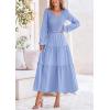 imagePRETTYGARDEN Womens Casual Smocked Midi Dress 2025 Spring Long Sleeve V Neck Tiered A Line Long Flowy DressLight Blue
