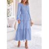 imagePRETTYGARDEN Womens Casual Smocked Midi Dress 2025 Spring Long Sleeve V Neck Tiered A Line Long Flowy DressLight Blue
