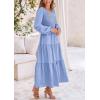 imagePRETTYGARDEN Womens Casual Smocked Midi Dress 2025 Spring Long Sleeve V Neck Tiered A Line Long Flowy DressLight Blue