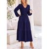 imagePRETTYGARDEN Womens Casual Smocked Midi Dress 2025 Spring Long Sleeve V Neck Tiered A Line Long Flowy DressNavy