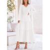 imagePRETTYGARDEN Womens Casual Smocked Midi Dress 2025 Spring Long Sleeve V Neck Tiered A Line Long Flowy DressWhite