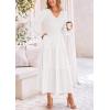 imagePRETTYGARDEN Womens Casual Smocked Midi Dress 2025 Spring Long Sleeve V Neck Tiered A Line Long Flowy DressWhite