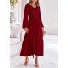 imagePRETTYGARDEN Womens Casual Smocked Midi Dress 2025 Spring Long Sleeve V Neck Tiered A Line Long Flowy DressWine Red