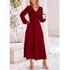 imagePRETTYGARDEN Womens Casual Smocked Midi Dress 2025 Spring Long Sleeve V Neck Tiered A Line Long Flowy DressWine Red