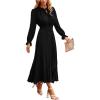 imagePRETTYGARDEN Womens 2025 Spring Fall Midi Dress Casual Long Sleeve V Neck Swiss Dot Pleated A Line Flowy DressesBlack