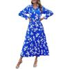 imagePRETTYGARDEN Womens 2025 Spring Fall Midi Dress Casual Long Sleeve V Neck Swiss Dot Pleated A Line Flowy DressesBlue Leaves