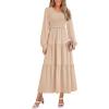 imagePRETTYGARDEN Womens Casual Smocked Midi Dress 2025 Spring Long Sleeve V Neck Tiered A Line Long Flowy DressApricot