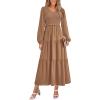 imagePRETTYGARDEN Womens Casual Smocked Midi Dress 2025 Spring Long Sleeve V Neck Tiered A Line Long Flowy DressKhaki