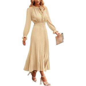 imagePRETTYGARDEN Womens 2025 Spring Fall Midi Dress Casual Long Sleeve V Neck Swiss Dot Pleated A Line Flowy DressesApricot