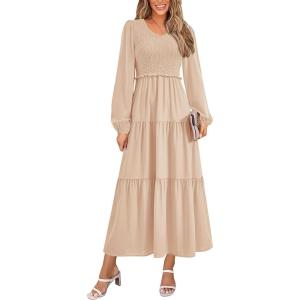 imagePRETTYGARDEN Womens Casual Smocked Midi Dress 2025 Spring Long Sleeve V Neck Tiered A Line Long Flowy DressApricot