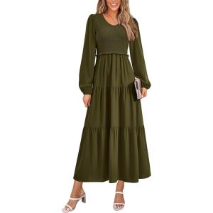 imagePRETTYGARDEN Womens Casual Smocked Midi Dress 2025 Spring Long Sleeve V Neck Tiered A Line Long Flowy DressArmy Green