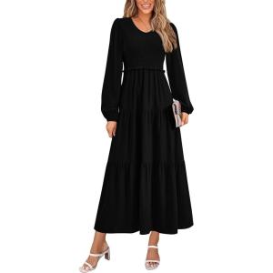 imagePRETTYGARDEN Womens Casual Smocked Midi Dress 2025 Spring Long Sleeve V Neck Tiered A Line Long Flowy DressBlack