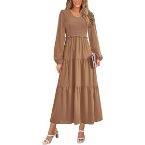 imagePRETTYGARDEN Womens Casual Smocked Midi Dress 2025 Spring Long Sleeve V Neck Tiered A Line Long Flowy DressKhaki