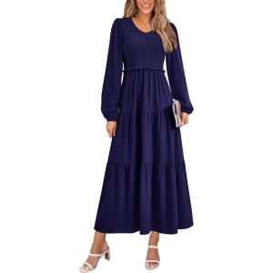 imagePRETTYGARDEN Womens Casual Smocked Midi Dress 2025 Spring Long Sleeve V Neck Tiered A Line Long Flowy DressNavy