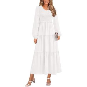 imagePRETTYGARDEN Womens Casual Smocked Midi Dress 2025 Spring Long Sleeve V Neck Tiered A Line Long Flowy DressWhite