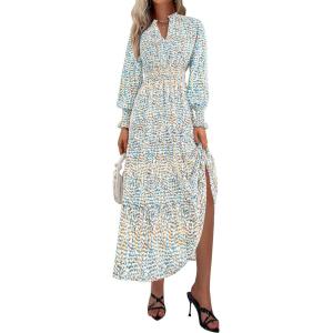 imagePRETTYGARDEN Womens Floral Maxi Dress 2025 Spring Long Sleeve V Neck Casual A Line Long Flowy Boho Party DressesFloral Blue White