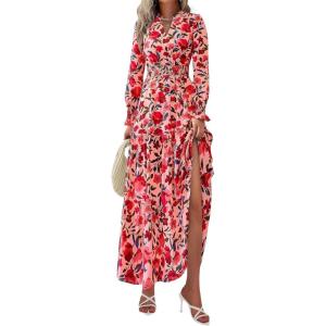 imagePRETTYGARDEN Womens Floral Maxi Dress 2025 Spring Long Sleeve V Neck Casual A Line Long Flowy Boho Party DressesFloral Orange Pink Red