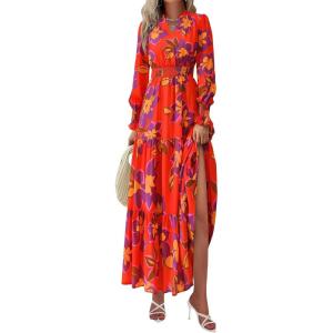 imagePRETTYGARDEN Womens Floral Maxi Dress 2025 Spring Long Sleeve V Neck Casual A Line Long Flowy Boho Party DressesFloral Orange Purple
