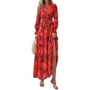 imagePRETTYGARDEN Womens Floral Maxi Dress 2025 Spring Long Sleeve V Neck Casual A Line Long Flowy Boho Party DressesFloral Red