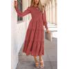 imagePRETTYGARDEN Womens Fall Spring Midi Dress Long Sleeve Floral Smocked Elegant Wedding Guest Long Flowy Dresses with PocketsBean Paste Red