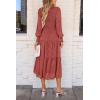 imagePRETTYGARDEN Womens Fall Spring Midi Dress Long Sleeve Floral Smocked Elegant Wedding Guest Long Flowy Dresses with PocketsBean Paste Red